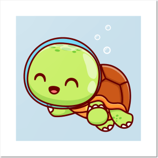 Cute Turtle Astronaut Swimming Cartoon Posters and Art